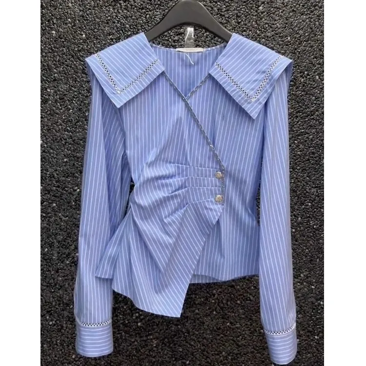 早秋新款蓝色条纹大翻领长袖衬衫女设计感小众收腰不规则显瘦上衣