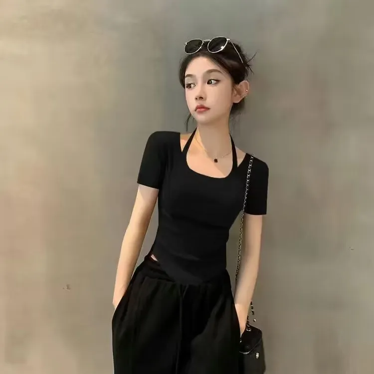 2025新款夏季黑色短袖T恤女挂脖不规则下摆短款正肩螺纹薄款上衣