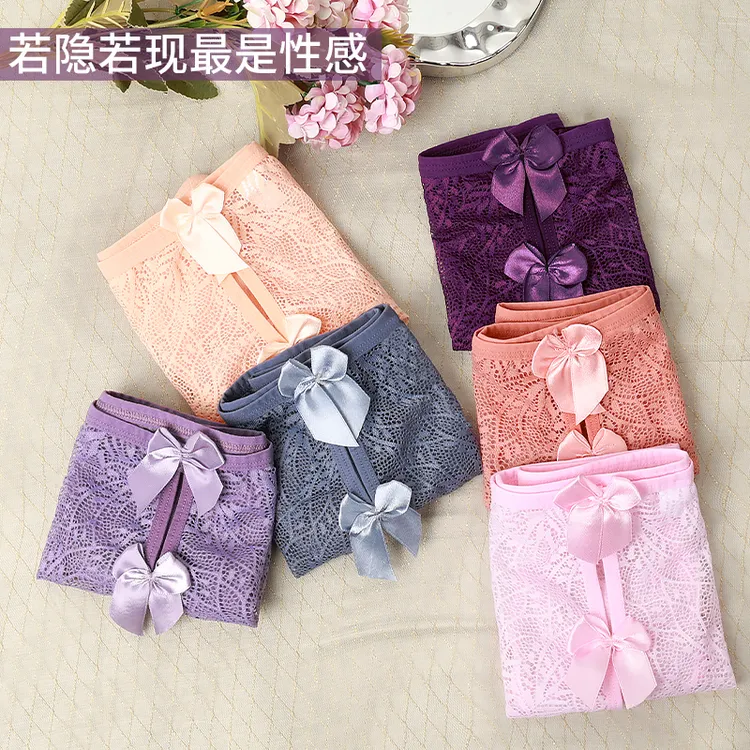 法式甜美蝴蝶结蕾丝内裤纯欲风大码性感女士内裤低腰镂空女生短裤