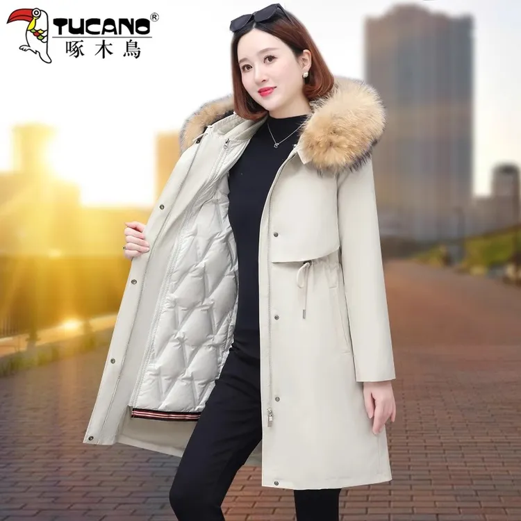 【官方】啄木鸟中长款羽绒服女士冬季2025新款可拆卸内胆宽松派克服