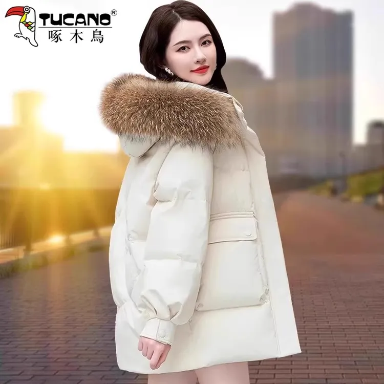 【官方】啄木鸟狐狸毛领羽绒服女士2025新款冬季中长款韩版宽松外套