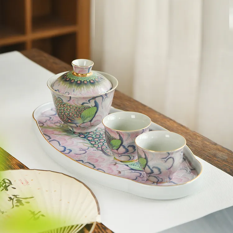 孔雀三才盖碗功夫茶具小套组泡茶器品茶杯伴手礼高档礼盒装干泡盘
