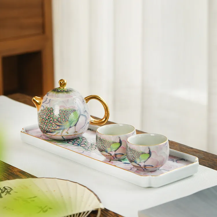 孔雀龙胆壶一壶两杯四件套复古功夫茶具陶瓷茶具干泡盘描金茶壶