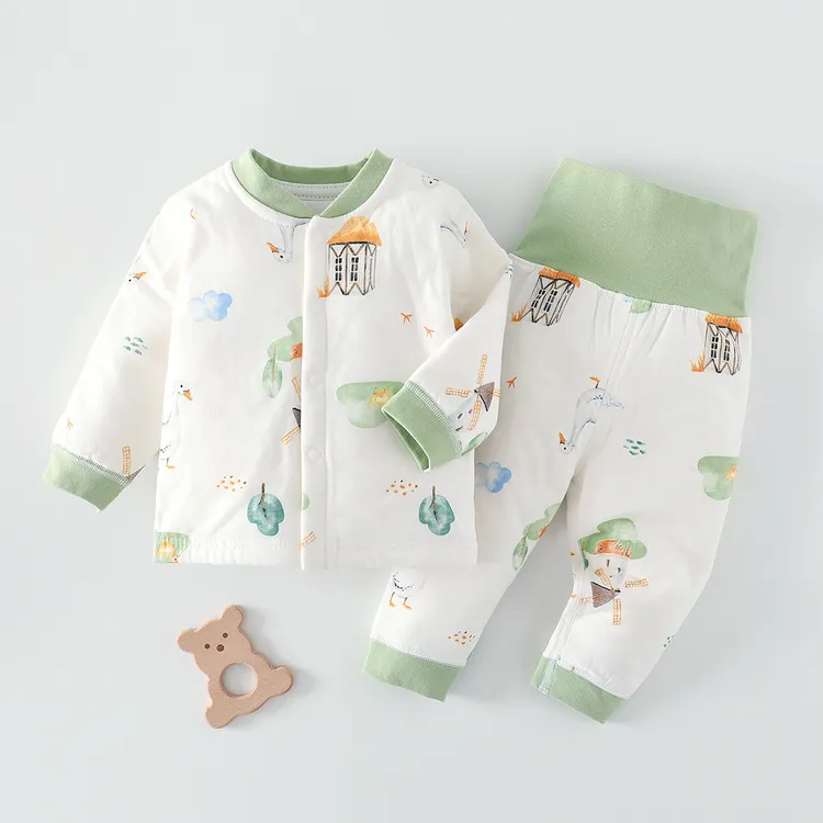 婴儿衣服儿童服装秋季宝宝高腰护肚分体儿童套装40克夹棉纯棉衣服
