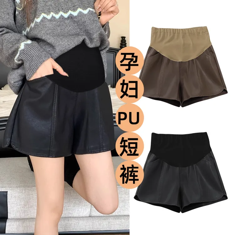 孕妇皮短裤秋冬装外穿宽松开叉压线PU皮孕妇阔腿裤直筒托腹裤靴裤