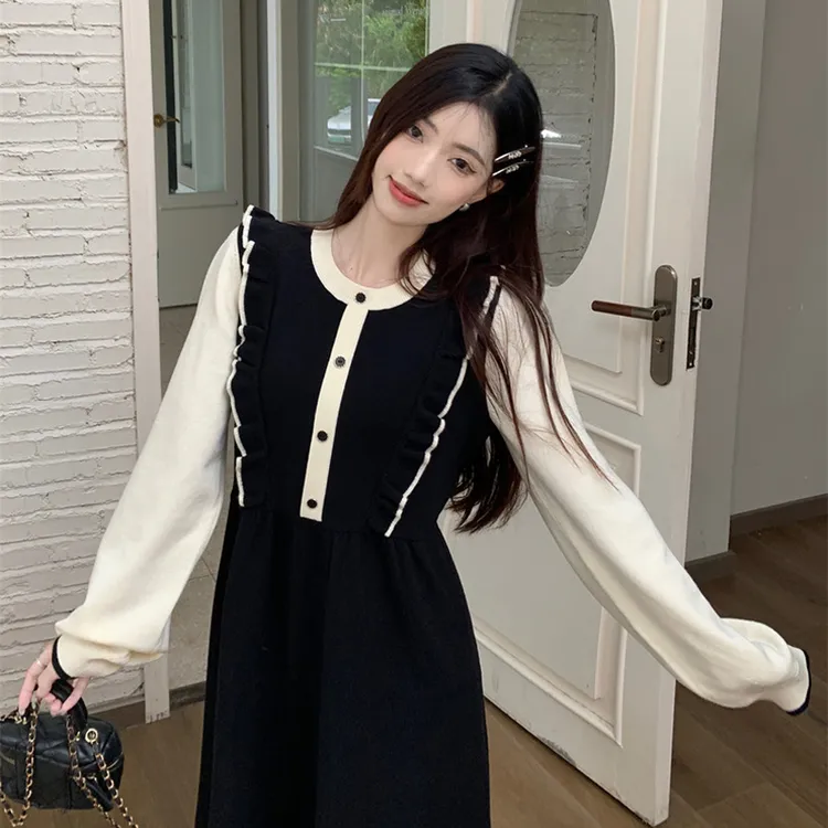 2025秋冬新品孕妇装宽松大码显瘦气质辣妈中长款针织假两件连衣裙