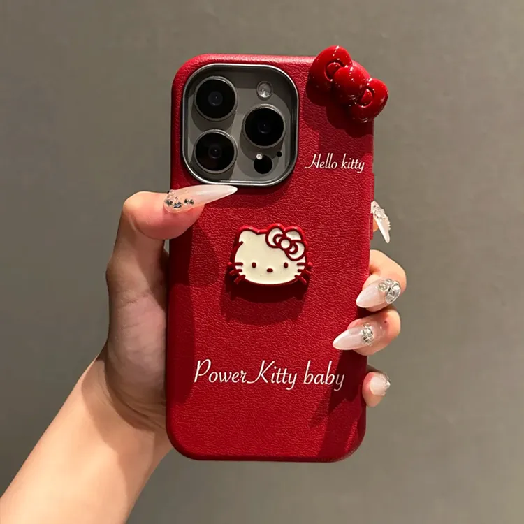 BANCA皮质立体kt猫蝴蝶结适用iPhone15红色手机壳苹果16新款14/13