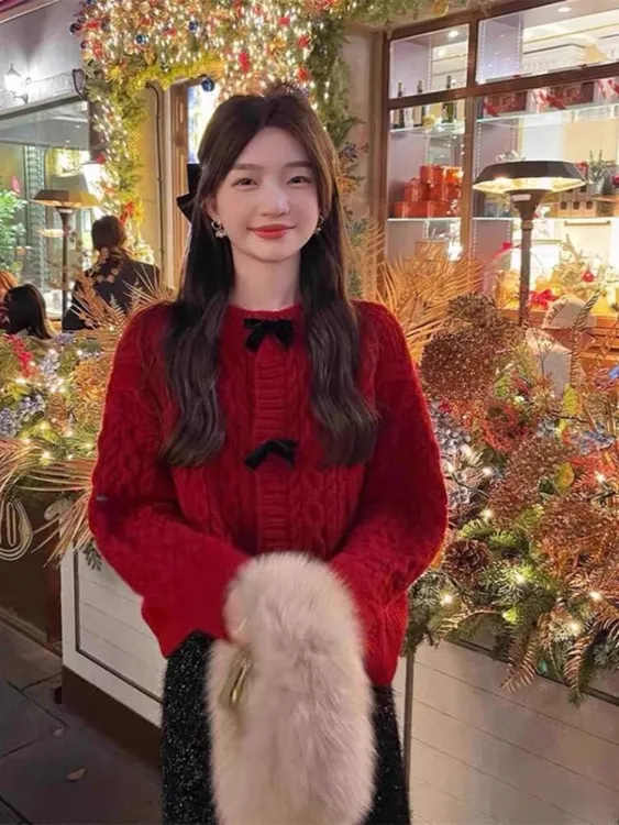 2025新款高端精致小香风公主蝴蝶结毛衣外套爆款今年流行红色毛衣