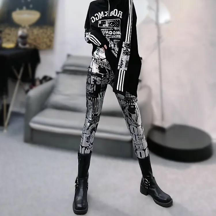 欧货字母涂鸦加厚打底裤女外穿高腰靴子打底裤显瘦亮色弹力小脚裤