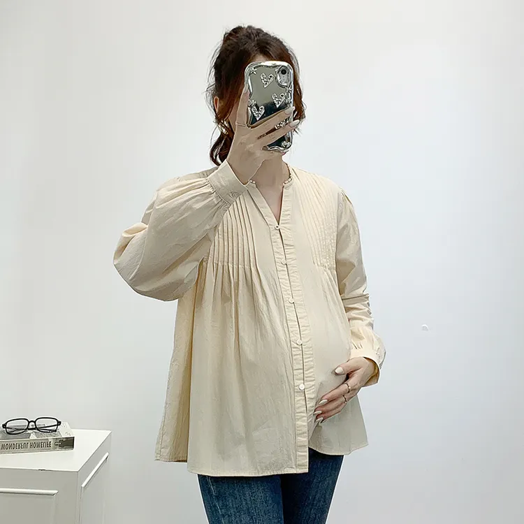 孕妇衬衣春秋季新款长袖大码宽松上衣时尚纯棉百搭V领设计感衬衫