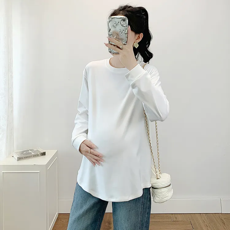 孕妇春秋季新款德绒打底衣时尚长袖简约T恤大码宽松纯色圆领上衣