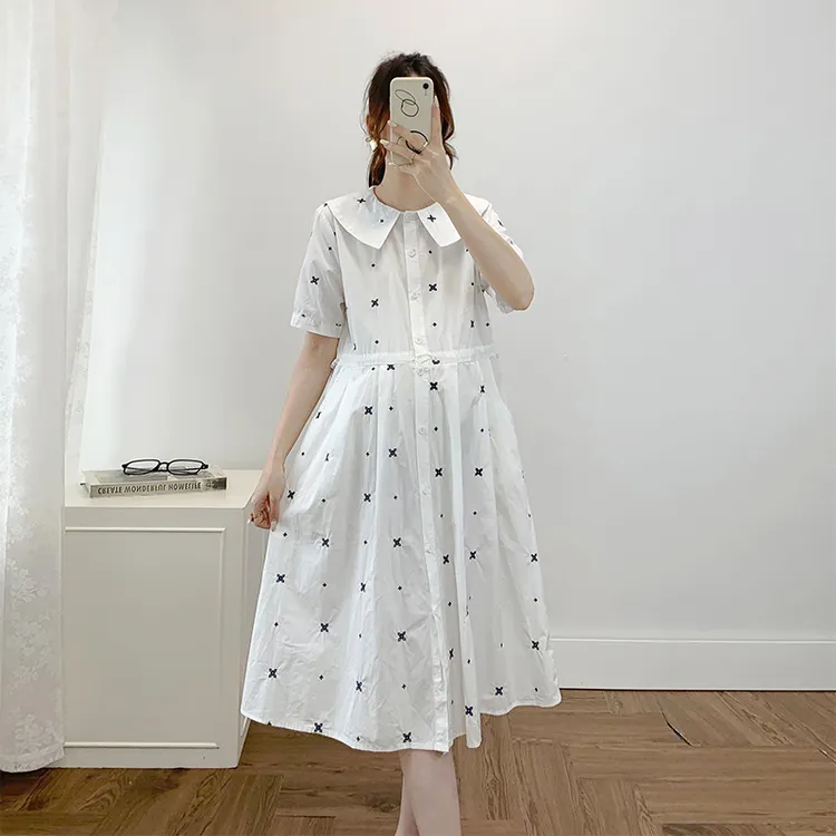 孕妇连衣裙夏季新款短袖纯棉刺绣大码宽松衬衫裙时尚百搭中长款裙