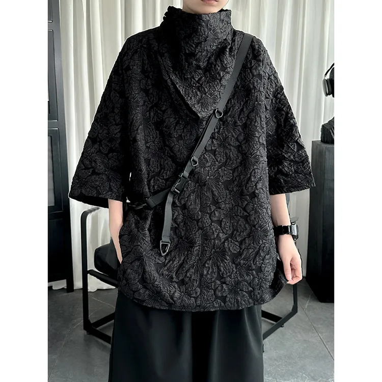 中国风提花高领短袖t恤男夏季设计感小众潮流五分袖潮牌宽松半袖