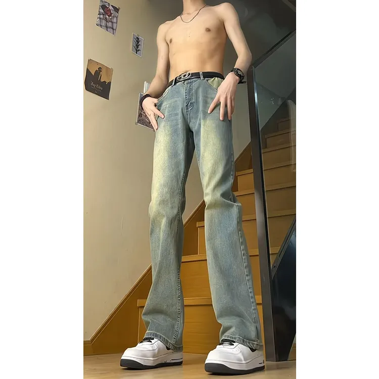 【升级面料】复古蓝水洗牛仔裤男秋冬季潮牌弯刀裤加绒加厚高街裤子