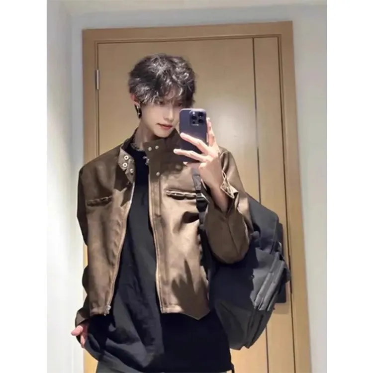 美拉德穿搭外套男秋季cleanfit痞帅炸街棕色夹克街头潮流机车皮衣