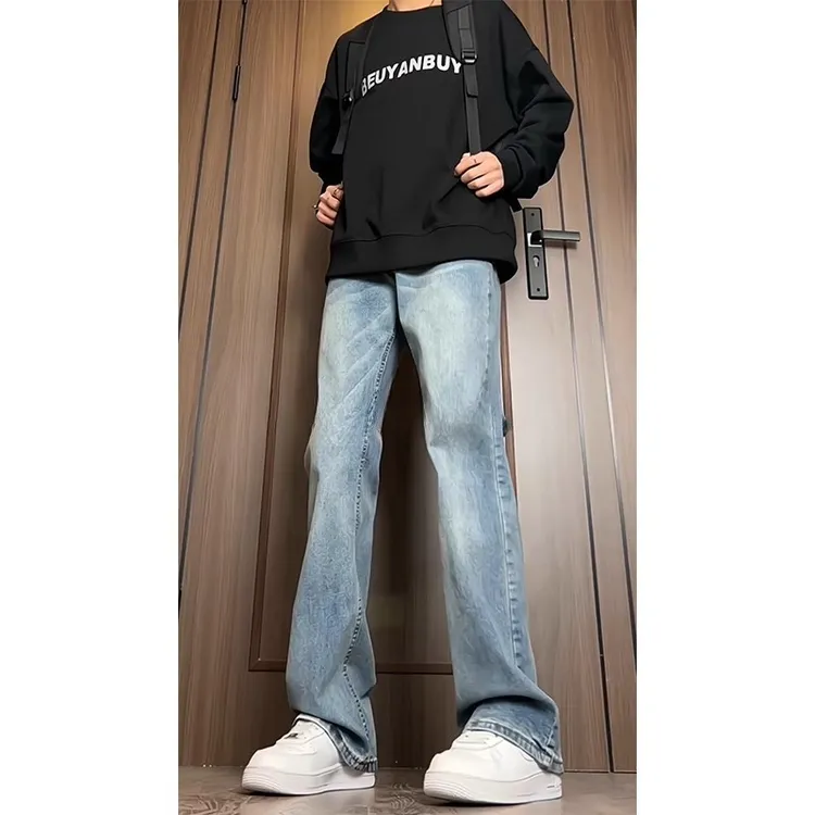 浅蓝色牛仔裤男春秋季cleanfit微喇修身潮牌vibe高街水洗做旧裤子