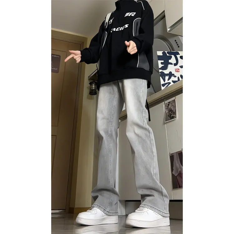 烟灰色微喇牛仔裤男2025春秋修身弹力vibe高街水洗cleanfit长裤子