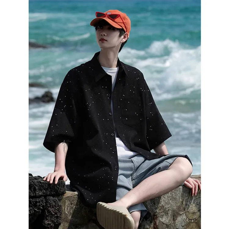 美式潮牌满天星短袖衬衫男夏季宽松休闲上衣日系学院风青少年外套