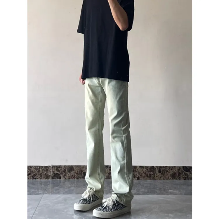 黄泥染色美式高街牛仔裤男秋季修身窄版直筒裤欧美潮牌休闲长裤子