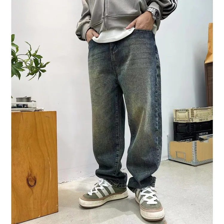 2023秋冬男士新款做旧水洗磨毛抓绒加厚宽松复古百搭牛仔裤