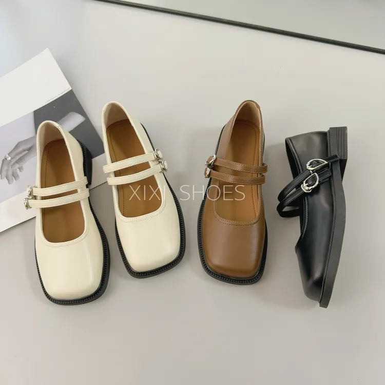 【希希家】2024春季新款法式晚风低跟方头浅口搭扣百搭玛丽珍小皮鞋