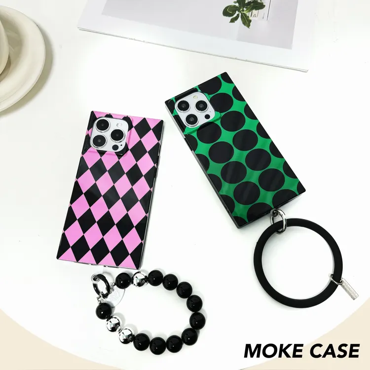 绿黑椭圆适用苹果16高端方壳全包15防摔粉黑菱格14挂绳手环手机壳