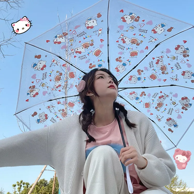 kt猫透明雨伞折叠全自动可爱晴雨两用加厚高颜值Kitty少女遮阳伞