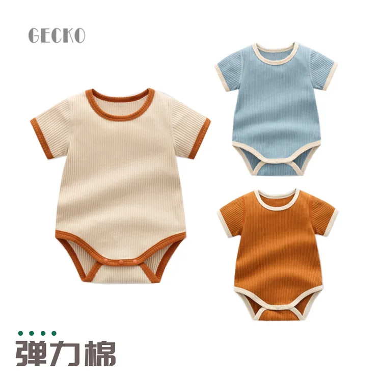 95%棉无骨A类条坑大弹力ins婴儿衣服夏装短袖宝宝连体衣三角哈衣
