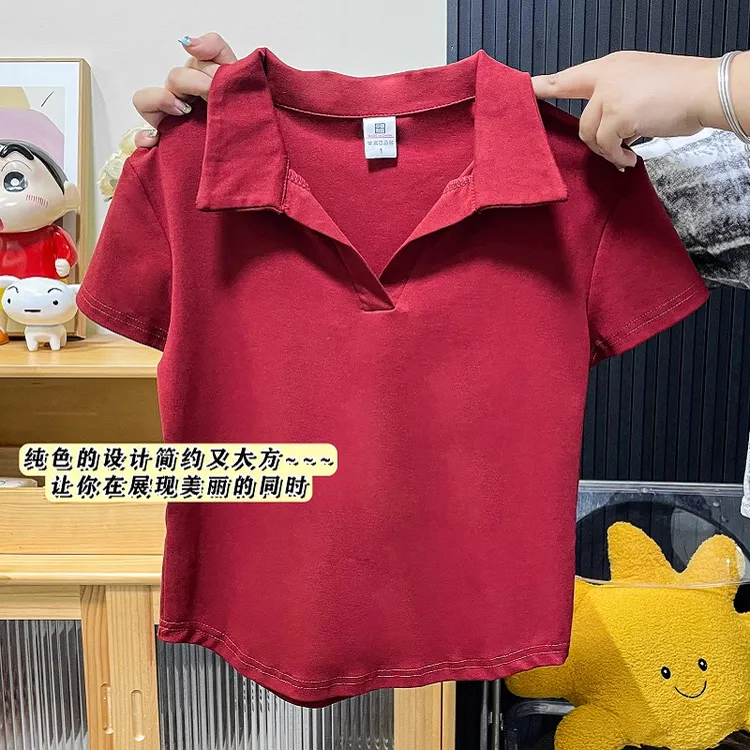 HONG JIA LIN/虹嘉琳纯欲风polo领短袖t恤小个子夏季大码修身半袖