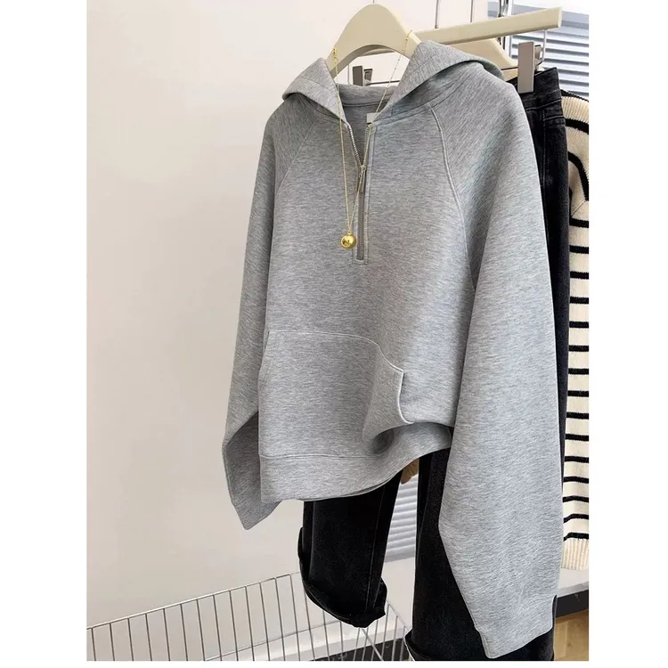 HONG JIA LIN/虹嘉琳灰色半拉链套头连帽卫衣外套新款慵懒风帽衫