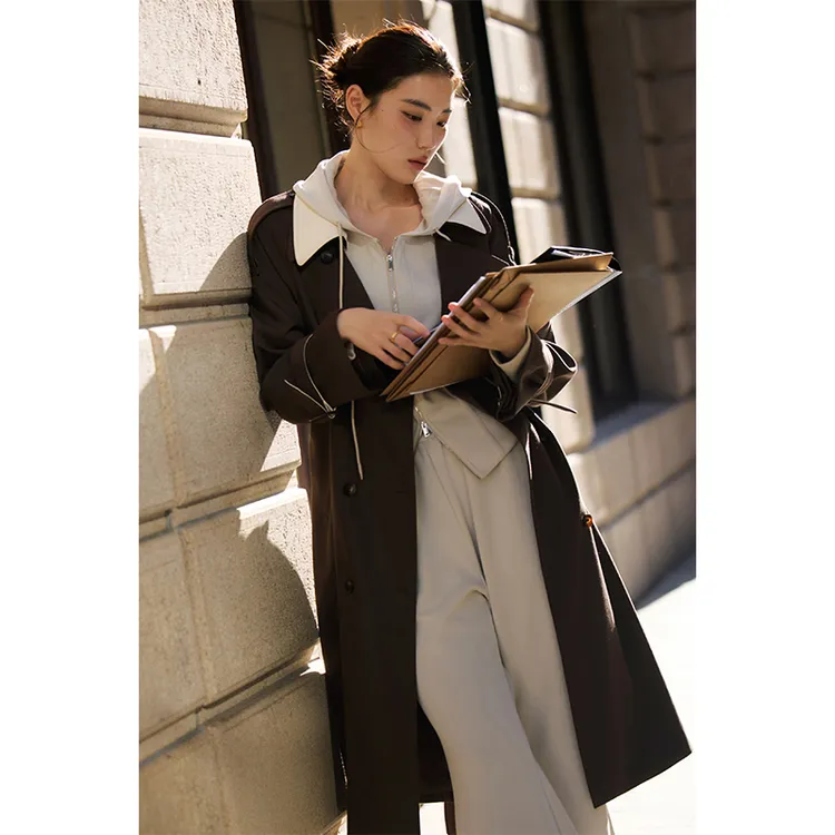 独束M大码女装气质时尚设计感通勤可拆卸PU皮领风衣外套24DS83145