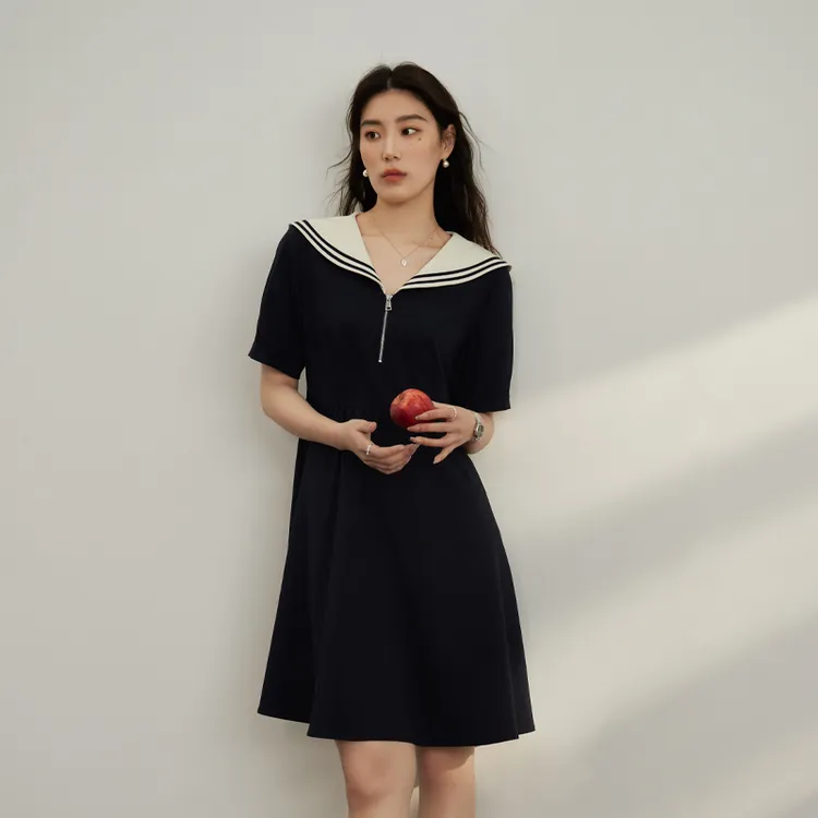 独束微胖MM大码女装海军风撞色显瘦减龄连衣裙优雅裙子23DS82276