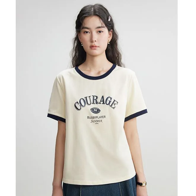 独束微胖大码女装气质时尚百搭气质通勤撞色圆领印花T恤24DS82220