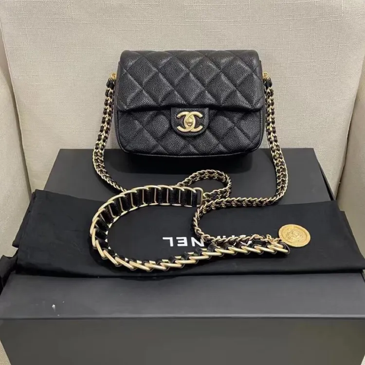 95新 Chanel/香奈儿 6358|香奈儿黑金荔枝芯片坦克金币斜挎包|香