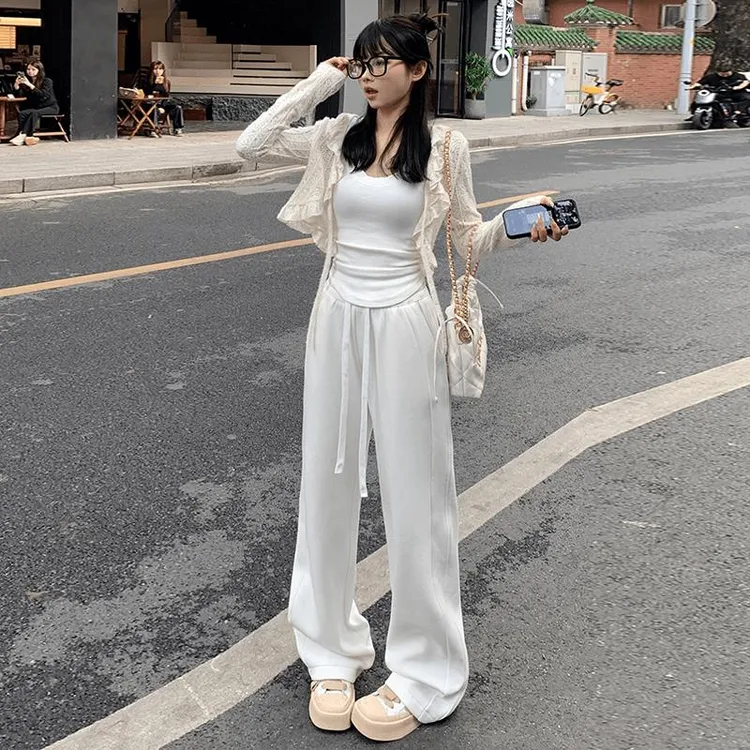 POYZ美式运动白色卫裤女加绒直筒慵懒休闲裤宽松阔腿长裤