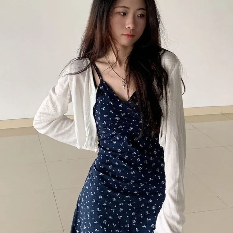 清新夏日白色冰丝夏季防晒吊带开衫裙子外搭小坎肩背心短外套