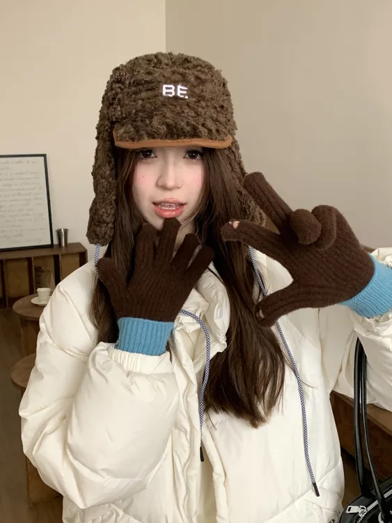 撞色针织毛线手套女秋冬韩版百搭可触屏骑车保暖防寒露指分指手套