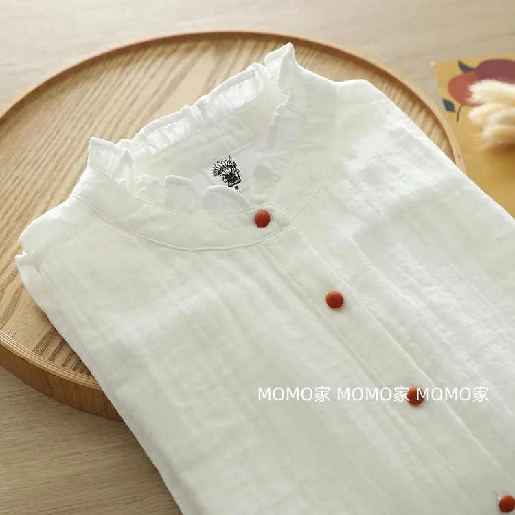 纯棉立领木耳边文艺衬衫日系春秋长袖纯色打底百搭减龄叠穿衬衣女