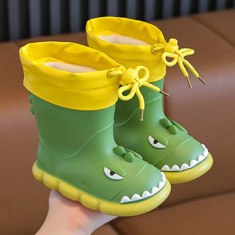 儿童雨鞋男女童雨靴卡通中筒恐龙防水靴学生户外防滑水鞋加棉保暖