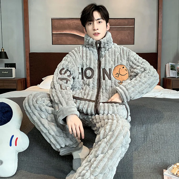 珊瑚绒睡衣男秋冬加绒加厚男士三层夹棉冬季保暖家居服男款套装