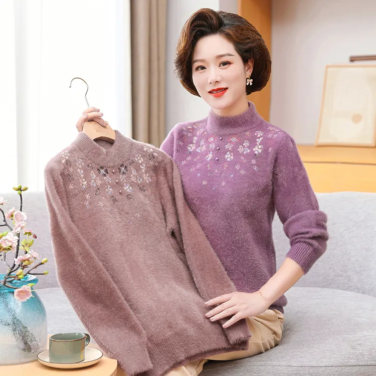 中老年女装秋冬加绒加厚打底衫女内塔半高领中老年毛衣时尚妈妈装