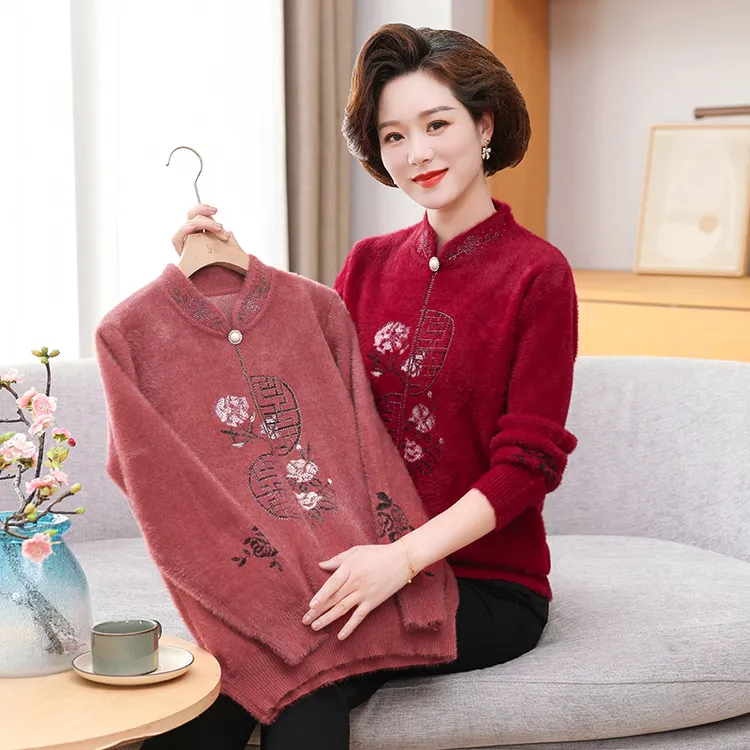 中国风秋冬一体绒毛衣女宽松内搭中年妈妈套头加绒加厚打底衫绣花