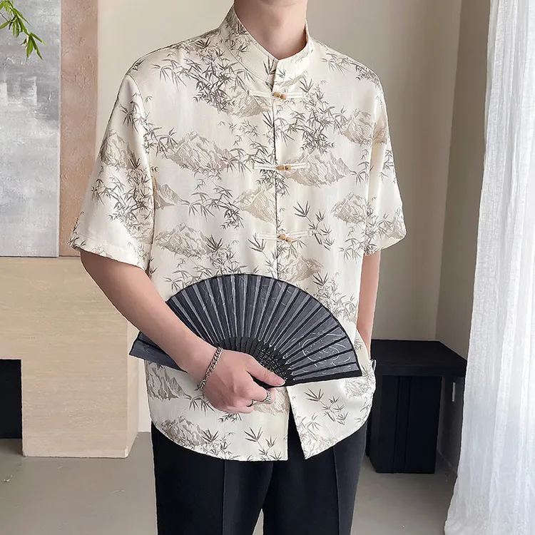 中国风中袖衬衫男士夏季爆款休闲风时尚百搭薄款痞帅山水印花衬衣
