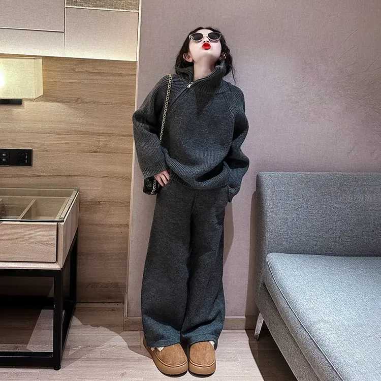 女童毛衣套装秋冬洋气新款儿童高领灰色针织衫大童冬季加厚两件套