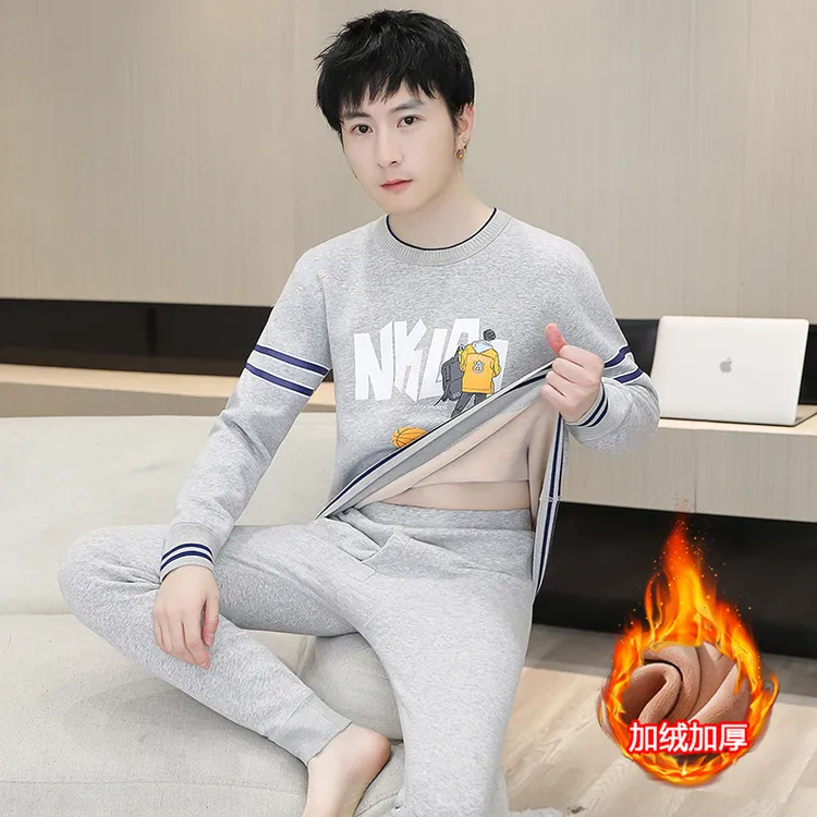 保暖内衣男生冬季圆领青少年学生加绒加厚秋衣秋裤套装防寒打底衫