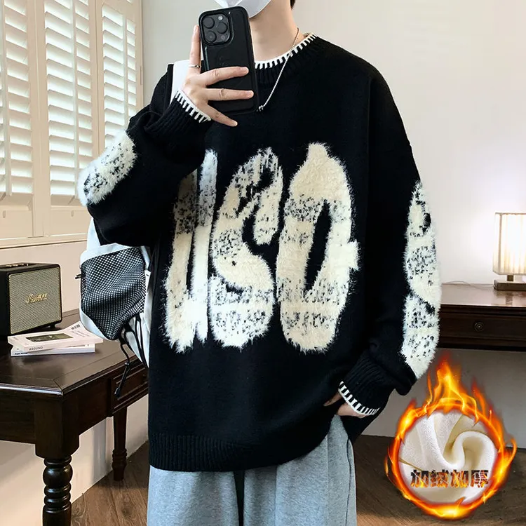 圆领加绒加厚仿貂绒针织衫毛衣男冬季新款青少男装短袖圆领针织衫
