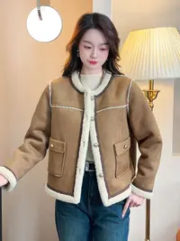 -LQR#轻奢保暖皮质奶咖色气质女士宽松皮毛一体韩版时尚外套
