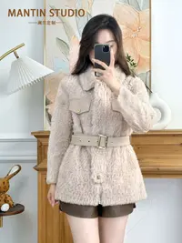 -LQR【可拆卸围巾】冬季奶杏色小香女士宽松皮毛一体时尚外套