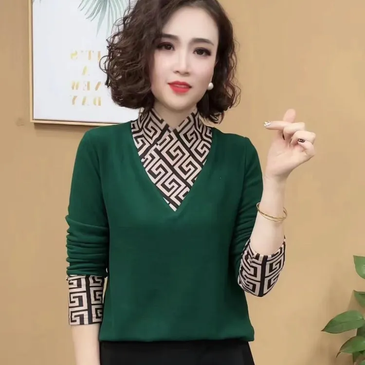 2024新款时尚气质百搭秋冬季交叉领长袖打底衫显瘦女士上衣#3060