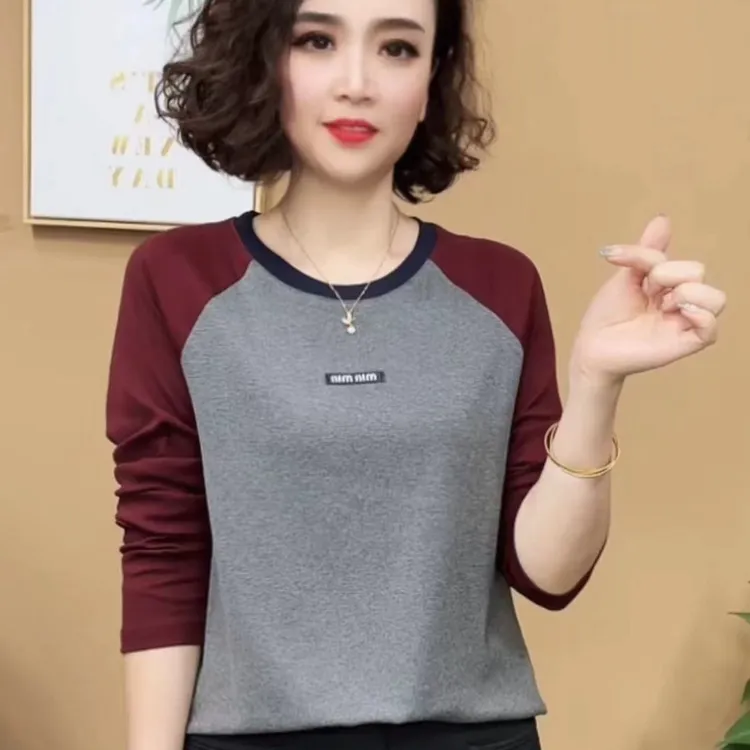 秋季新款时尚洋气百搭气质长袖拼色圆领女士上衣#6802